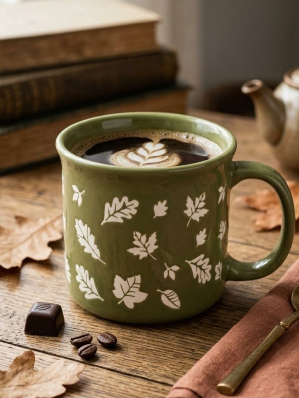 Autumnal Mug in Olive Green Ceramic | White Leaves | Microwave/Square Safe